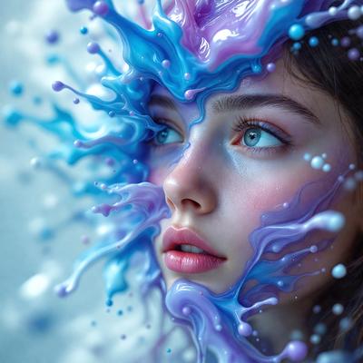 The primary subject of the image is a woman with blue eyes and pink lips. She is wearing makeup and has a purple and blue color scheme. The setting is a creative and artistic environment, possibly a digital art or illustration. The visual style is a combination of a photo and digital art, creating a unique and eye-catching image. The colors and mood of the image are vibrant and lively, with a focus on the woman's striking features and the artistic elements in the background.